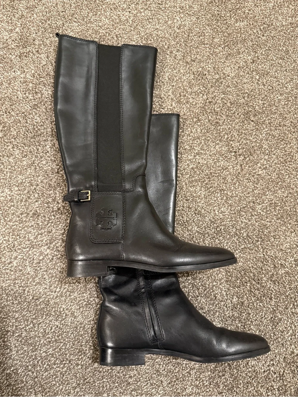 Tory Burch Black Leather Knee-High Riding Boots with Logo Patch